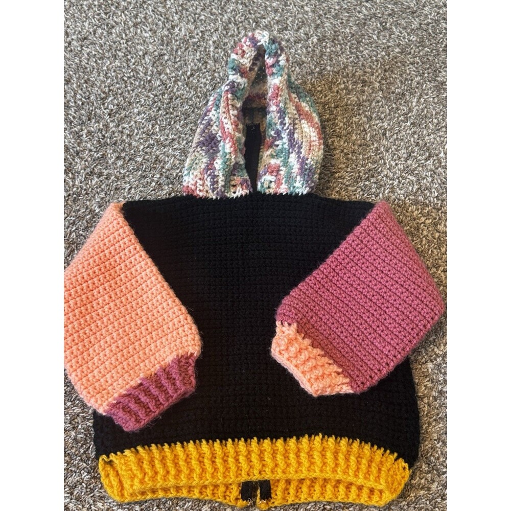 Handmade Crochet Hooded Sweater Colorblock Zip Up, Back, Black Pink Orange